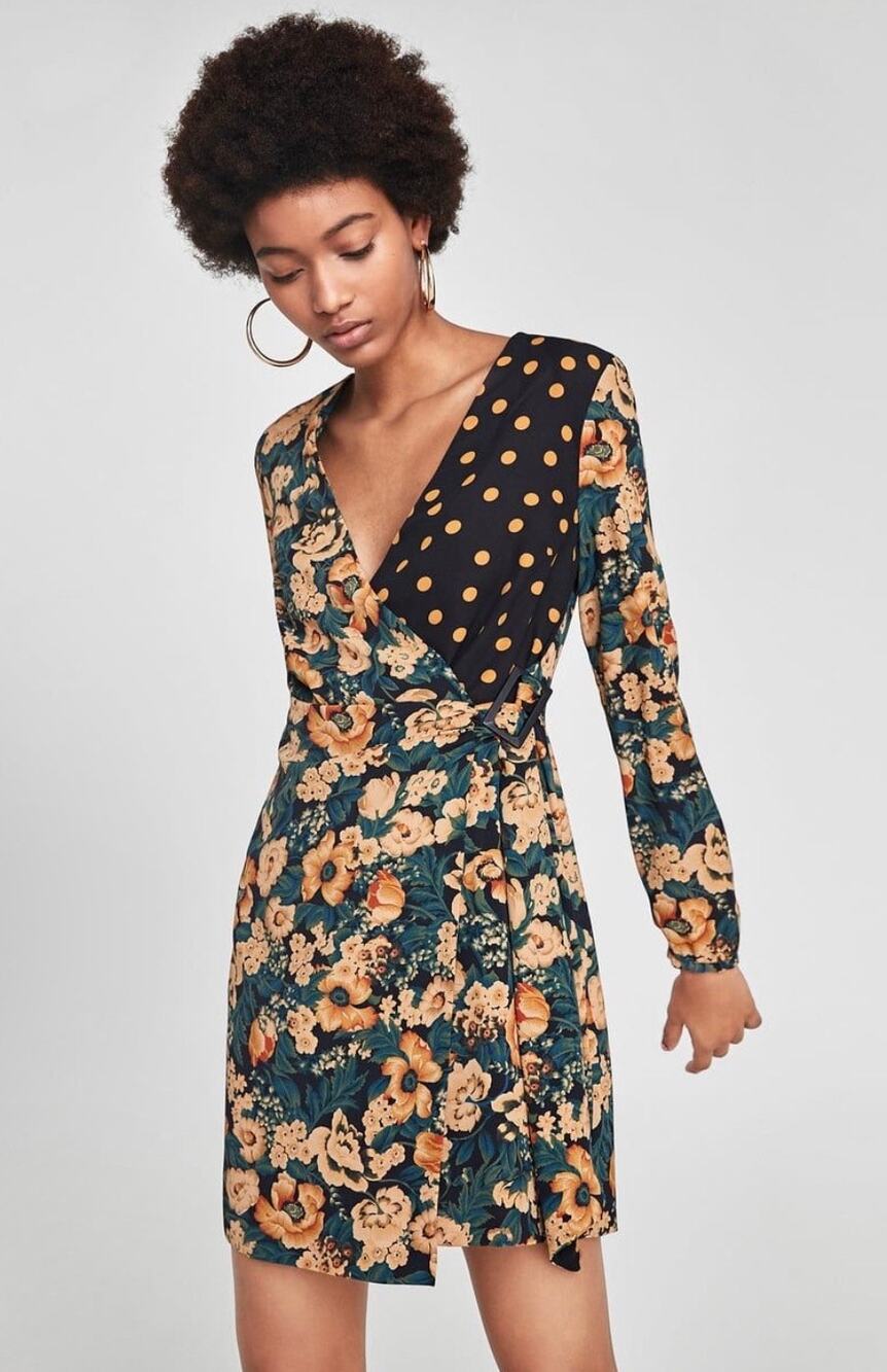 Zara Basic Floral Polka Dot Mixed Print Mini Wrap Dress Small